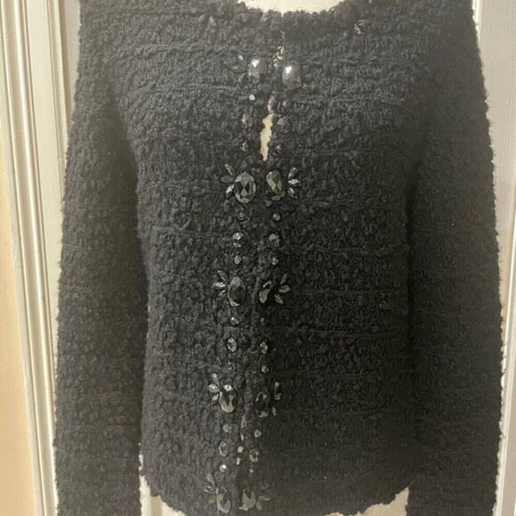 CHICOS TWEED SWEATER BLACK JEWELED Sz M FRINGED EMBELLISHMENT SOPHISTICATED - Picture 11 of 16